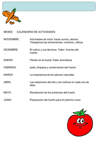 MESES CALENDARIO DE ACTIVIDADES
NOVIEMBRE Actividades de inicio: hacer surcos, abonar…
Trabajamos las herramientas, nombres, utilizac
DICIEMBRE El cultivo y sus técnicas. Taller: Aromas del
huerto.
ENERO Plantar en el huerto Taller aromáticas
FEBRERO poda, limpieza y conservación del huerto.
MARZO La importancia de los abonos naturales.
ABRIL Las estaciones del año y los cultivos en cada una de
ellas.
MAYO Recolección de los productos del huerto
JUNIO Preparación del huerto para el próximo curso
 