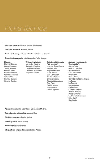 Ficha técnica

Dirección general: Ximena Castillo, Iris Mouret

Dirección artística: Ximena Castillo

Diseño de luces y vestuario: Iris Mouret, Ximena Castillo

Creación de vestuario: Inés Segalerba, Taller Mouret

Elenco:                   Artistas invitados:           Artistas plásticos de   Autores y músicos de
Elianne Chilavert         Mercedes Xavier y             “Lo nuestro”:           “Lo nuestro”:
Gretel Elissalde          Alejandro Esquivel            Joaquín Torres García   Hector Tosar
Yesica Mussini            “Hotel Lautremont”            Petrona Vera            Alfredo Zitarrosa
Romina Pérez              Catherina Romanelli           Edgardo Ribeiro         Ruben Olivera
Eugenia Camelo            “Lágrimas vivas“              Julio Testoni           Los Olimareños
Valentina Trinchín                                      Luis Camnitzer          Vera Sienra
Tatiana Vila                                            Gustavo Tabares         Rosita Melo
Romina Santurio                                         Enrique Medina          Gerardo Mattos Rodriguez
Ximena Castillo                                         Silveira Abbondanza     La Tabaré
                                                        Agó Paez                La Trampa
                                                        Cecilia Mattos          Jorge Drexler
                                                        Julio Fajardo           Leo Masliah
                                                        Cecilia Vignolo         Cuarteto de Nos
                                                                                Nicolás Arnicho
                                                                                Pablo Estramín
                                                                                La Chancha Francisca
                                                                                Erika Bush
                                                                                Bajofondo




Poesía: Idea Vilariño, Liber Falco y Generoso Medina.

Reproducción fotográfica: Mariana Díaz

Edición y montaje: Gabriel Corina

Diseño gráfico: Pablo Muñoz

Producción: Sara Telechea

Intérprete en lengua de señas: Leticia Acosta




                                                          7                                       “Lo nuestro”
 