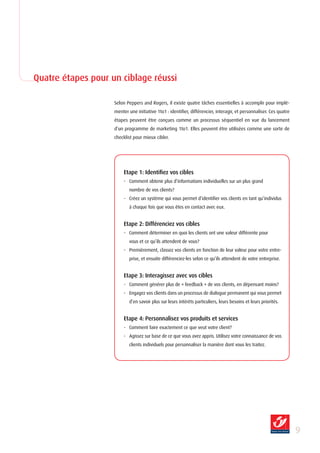 Quatre étapes pour un ciblage réussi

                    Selon Peppers and Rogers, il existe quatre tâches essentielles à accomplir pour implé-
                    menter une initiative 1to1 : identifier, différencier, interagir, et personnaliser. Ces quatre
                    étapes peuvent être conçues comme un processus séquentiel en vue du lancement
                    d’un programme de marketing 1to1. Elles peuvent être utilisées comme une sorte de
                    checklist pour mieux cibler.




                         Etape 1: Identifiez vos cibles
                         - Comment obtenir plus d’informations individuelles sur un plus grand
                           nombre de vos clients?
                         - Créez un système qui vous permet d’identifier vos clients en tant qu’individus
                           à chaque fois que vous êtes en contact avec eux.


                         Etape 2: Différenciez vos cibles
                         - Comment déterminer en quoi les clients ont une valeur différente pour
                           vous et ce qu’ils attendent de vous?
                         - Premièrement, classez vos clients en fonction de leur valeur pour votre entre-
                           prise, et ensuite différenciez-les selon ce qu’ils attendent de votre entreprise.


                         Etape 3: Interagissez avec vos cibles
                         - Comment générer plus de « feedback » de vos clients, en dépensant moins?
                         - Engagez vos clients dans un processus de dialogue permanent qui vous permet
                           d’en savoir plus sur leurs intérêts particuliers, leurs besoins et leurs priorités.


                         Etape 4: Personnalisez vos produits et services
                         - Comment faire exactement ce que veut votre client?
                         - Agissez sur base de ce que vous avez appris. Utilisez votre connaissance de vos
                           clients individuels pour personnaliser la manière dont vous les traitez.




                                                                                                                     
 