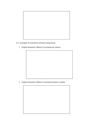 6.3.- Exemples d’ecosistemes terrestres humanitzats

   1. Explica breument i dibuixa l’ecosistema de conreus




   2. Explica breument i dibuixa l’ecosistema de parcs i jardins
 