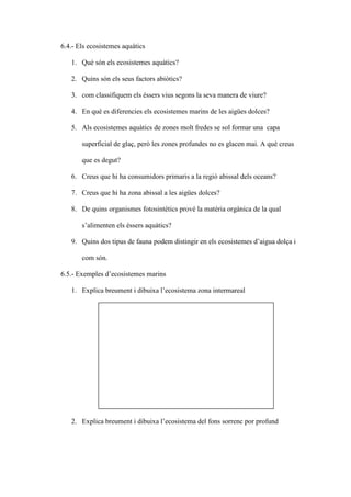 6.4.- Els ecosistemes aquàtics

   1. Què són els ecosistemes aquàtics?

   2. Quins són els seus factors abiòtics?

   3. com classifiquem els éssers vius segons la seva manera de viure?

   4. En què es diferencies els ecosistemes marins de les aigües dolces?

   5. Als ecosistemes aquàtics de zones molt fredes se sol formar una capa

       superficial de glaç, però les zones profundes no es glacen mai. A què creus

       que es degut?

   6. Creus que hi ha consumidors primaris a la regió abissal dels oceans?

   7. Creus que hi ha zona abissal a les aigües dolces?

   8. De quins organismes fotosintètics prové la matèria orgànica de la qual

       s’alimenten els éssers aquàtics?

   9. Quins dos tipus de fauna podem distingir en els ecosistemes d’aigua dolça i

       com són.

6.5.- Exemples d’ecosistemes marins

   1. Explica breument i dibuixa l’ecosistema zona intermareal




   2. Explica breument i dibuixa l’ecosistema del fons sorrenc por profund
 