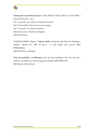 Valores para a convivência [Registo vídeo]. Setúbal : Marina, 2003. 3 cassetes (VHS) +
1 guia do educador : color.
Vol. 1: Aprende a ter ; Como se comportar na escola.
Vol. 2: Honestidade ; Para que servem os amigos.
Vol. 3: Amizade ; As virtudes da justiça.
Maiores de 4 anos ; Falado em português.
(BM Pinhal Novo)
VÁZQUEZ FREIRE, Miguel - Valores sociais. Fotografia [de] Xulio Gil Rodríguez.
Setúbal : Marina, D.L. 2007. 53, [2] p. : il. color. (Saber para crescer). ISBN
9789896340162
(BM Pinhal Novo e Palmela)
Viver em sociedade : as diferenças. Trad. por Ema Rodrigues. Vila Nova de Gaia :
Gailivro, cop. 2005. 64 p. (Guia do pequeno cidadão). ISBN 9895571755
(BM Palmela ; Pinhal Novo)
Dossier temático sobre Valores 62/64
 