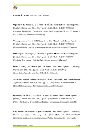 COLECÇÃO MILLY E MOLLY (BM Palmela)
O primeiro dia de escola / Gill Pittar ; il. por Cris Morrell ; trad. Teresa Figueira . -
[Setúbal] : Marina, imp. 2004 . - 96, [1] p. : il. - (Milly Molly ; 1). ISBN 9895009682
(Aceitação da diferença ; Preocupação com os outros e superação da dor ; Ser amável e
não incomodar ; Cuidado e consideração)
Vamos passear o Bobi / Gill Pittar ; il. por Cris Morrell ; trad. Teresa Figueira . -
[Setúbal] : Marina, imp. 2004 . - 96, [1] p. : il. - (Milly Molly ; 2). ISBN 9895009690
(Responsabilidade ; Apreço pela natureza ; Protecção do meio ambiente ; Precaução)
O Henrique é o Henrique / Gill Pittar ; il. por Cris Morrell ; trad. Teresa Figueira . -
[Setúbal] : Marina, imp. 2004 . - 96, [1] p. : il. - (Milly Molly ; 3). ISBN 9895009704
(Aceitação de si mesmo ; Cortesia ; Respeito pela natureza ; Sabedoria)
O avô 6ª Feira / Gill Pittar ; il. por Cris Morrell ; trad. Teresa Figueira . - [Setúbal] :
Marina, imp. 2004 . - 96, [1] p. : il. - (Milly Molly ; 4). ISBN 9895009712
(Compaixão ; Aprender a perdoar ; Fidelidade ; Diligência)
A tia Odete aprende a tricotar / Gill Pittar ; il. por Cris Morrell ; trad. Teresa Figueira
. - [Setúbal] : Marina, imp. 2004 . - 96, [1] p. : il. - (Milly Molly ; 5). ISBN 9895009720
(Tenacidade ; Valorizar a diferença ; Amabilidade ; Honestidade)
O presente de Natal / Gill Pittar ; il. por Cris Morrell ; trad. Teresa Figueira . -
[Setúbal] : Marina, imp. 2004 . - 96, [1] p. : il. - (Milly Molly ; 6). ISBN 9895009739
(Amor ; Aceitação da diversidade das famílias ; Coragem e determinação ; Gratidão)
Dossier temático sobre Valores 63/64
Sal e pimenta / Gill Pittar ; il. por Cris Morrell ; trad. Teresa Figueira . - [Setúbal] :
Marina, imp. 2004 . - 96, [1] p. : il. - (Milly Molly ; 7). ISBN 9895009747
(Confiança ; Cuidado com o meio ambiente ; Partilha de sentimentos ; Cooperação)
 