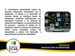 La manufactura automatizada mejora los
procesos industriales relacionados con la
producción, el diseño y el desarrollo de
sistemas donde se trasfieren tareas de
producción, realizadas habitualmente por
operadores humanos a un conjunto de
elementos tecnológicos. La automatización de
los procesos aumenta la calidad de los
productos, reduce los tiempos de producción,
realiza tareas complejas, reduce los
desperdicios o piezas mal fabricadas y
especialmente aumenta la rentabilidad.




                                                              Servicios en
                                               MANUFACTURA AUTOMATIZADA
 