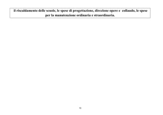 10
il riscaldamento delle scuole, le spese di progettazione, direzione opere e collaudo, le spese
per la manutenzione ordinaria e straordinaria.
 