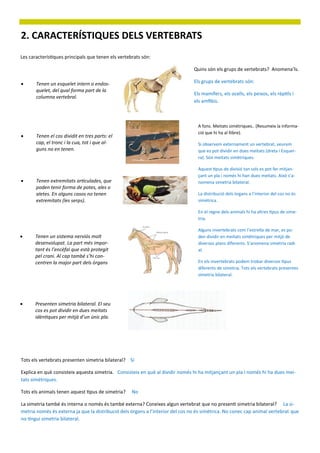 2. CARACTERÍSTIQUES DELS VERTEBRATS
Les característiques principals que tenen els vertebrats són:

                                                                                Quins són els grups de vertebrats? Anomena’ls.

      Tenen un esquelet intern o endos-                                        Els grups de vertebrats són:
       quelet, del qual forma part de la
                                                                                Els mamífers, els ocells, els peixos, els rèptils i
       columna vertebral.
                                                                                els amfibis.



                                                                                  A fons. Meitats simètriques.. (Resumeix la informa-
                                                                                  ció que hi ha al llibre).
      Tenen el cos dividit en tres parts: el
       cap, el tronc i la cua, tot i que al-                                      Si observem externament un vertebrat, veurem
       guns no en tenen.                                                          que es pot dividir en dues meitats (dreta i Esquer-
                                                                                  ra). Són meitats simètriques.

                                                                                  Aquest tipus de divisió tan sols es pot fer mitjan-
                                                                                  çant un pla i només hi han dues meitats. Això s’a-
      Tenen extremitats articulades, que                                         nomena simetria bilateral.
       poden tenir forma de potes, ales o
       aletes. En alguns casos no tenen                                           La distribució dels òrgans a l’interior del cos no és
       extremitats (les serps).                                                   simètrica.

                                                                                  En el regne dels animals hi ha altres tipus de sime-
                                                                                  tria.

                                                                                  Alguns invertebrats com l’estrella de mar, es po-
     Tenen un sistema nerviós molt                                               den dividir en meitats simètriques per mitjà de
      desenvolupat. La part més impor-                                            diversos plans diferents. S’anomena simetria radi-
      tant és l’encèfal que està protegit                                         al.
      pel crani. Al cap també s’hi con-
      centren la major part dels òrgans                                           En els invertebrats podem trobar diversos tipus
                                                                                  diferents de simetria. Tots els vertebrats presentes
                                                                                  simetria bilateral.




     Presenten simetria bilateral. El seu
      cos es pot dividir en dues meitats
      idèntiques per mitjà d’un únic pla.




Tots els vertebrats presenten simetria bilateral? Sí

Explica en què consisteix aquesta simetria. Consisteix en què al dividir només hi ha mitjançant un pla i només hi ha dues mei-
tats simètriques.

Tots els animals tenen aquest tipus de simetria?    No

La simetria també és interna o només és també externa? Coneixes algun vertebrat que no presenti simetria bilateral? La si-
metria només és externa ja que la distribució dels òrgans a l’interior del cos no és simètrica. No conec cap animal vertebrat que
no tingui simetria bilateral.
 