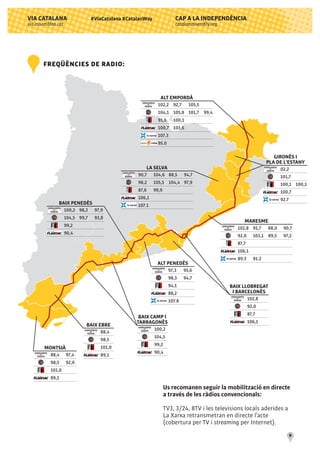 CAP A LA INDEPENDÈNCIA
catalanassembly.org
VIA CATALANA
via.assemblea.cat
6
#ViaCatalana #CatalanWay
FREQÜÈNCIES DE RADIO:
88,4	 97,4
98,5	 92,0
101,0
89,1
MONTSIÀ
97,3	95,6
98,3	94,7
94,1	
88,2	
107.8
ALT PENEDÈS
100,2	98,2	 97,9
104,5	99,7	 93,8
99,2	
90,4	
BAIX PENEDÈS
102,8	91,7	 88,0	 90,7	
92,0	 103,1	89,5	 97,2	
87,7	
106,1
89.3	91.2
MARESME
90,7	 104,6	88,5	 94,7
98,2	 105,5	104,4	97,9
87,6	99,9
106,1
107.1
LA SELVA
102,2	92,7	 105,5	
104,1	105,8	101,7	99,4	
91,6	100,1	
100,7	103,6
107.3
95.0
ALT EMPORDÀ
88,4
98,5
101,0	
89,1	
BAIX EBRE
100,2
104,5
99,2	
90,4	
BAIX CAMP I
TARRAGONÈS
102,8	
92,0	
87,7	
106,1	
BAIX LLOBREGAT
I BARCELONÈS
02,2
101,7
100,1	100,3
100,7	
92.7
GIRONÈS I
PLA DE L'ESTANY
Us recomanen seguir la mobilització en directe
a través de les ràdios convencionals:
TV3, 3/24, 8TV i les televisions locals aderides a
La Xarxa retransmetran en directe l’acte
(cobertura per TV i streaming per Internet).
 