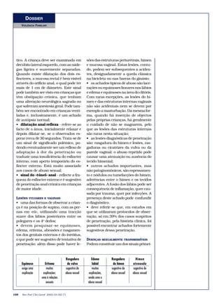 DOSSIER 
VIOLÊNCIA FAMILIAR 
tico. A criança deve ser examinada em 
decúbito lateral esquerdo, com as náde-gas 
ligeira e suavemente separadas. 
Quando existe dilatação dos dois es-fincteres, 
a mucosa rectal é bem visível 
através do orifício anal, o qual pode ter 
mais de 1 cm de diâmetro. Este sinal 
pode também ser visto em crianças que 
têm obstipação crónica, que tenham 
uma alteração neurológica sagrada ou 
que sofreram anestesia geral. Pode tam-bém 
ser encontrado em crianças venti-ladas 
e, inclusivamente, é um achado 
de autópsia normal; 
• dilatação anal reflexa - refere-se ao 
facto de o ânus, inicialmente relaxar e 
depois dilatar-se, se o observados es-perar 
cerca de 30 segundos. Trata-se de 
um sinal de significado polémico, po-dendo 
eventualmente ser um reflexo de 
adaptação à dor da penetração ou 
traduzir uma insuficiência do esfíncter 
interno, com aperto temporário do es-fíncter 
externo. Está muito associado 
aos casos de abuso sexual; 
• sinal do «túnel» anal - reflecte a fra-queza 
do esfíncter externo e é sugestivo 
de penetração anal crónica em crianças 
de maior idade. 
LESÕES VULVARES E VAGINAIS 
• uma das formas de observar a crian-ça 
é na posição de supino, com as per-nas 
em «rã», utilizando uma tracção 
suave dos lábios posteriores entre os 
polegares e os 4o dedos; 
• devem pesquisar-se equimoses, 
edema, eritema, abrasões e rasgamen-tos 
dos genitais externos e do intróitus, 
o que pode ser sugestivo de tentativa de 
penetração; além disso pode haver le-sões 
das estruturas periuretrais, hímen 
e mucosa vaginal. Estas lesões, contu-do, 
podem ser subsequentes a aciden-tes, 
designadamente a queda clássica 
na bicicleta ou nas barras do ginásio; 
• os achados típicos de abuso são lace-rações 
ou equimoses lineares nos lábios 
e edema e equimoses na área do clitóris. 
Com raras excepções, as lesões do hí-men 
e das estruturas internas vaginais 
não são acidentais nem se devem por 
exemplo a masturbação. Da mesma for-ma, 
quando há inserção de objectos 
pelas próprias crianças, há geralmente 
o cuidado de não se magoarem, pelo 
que as lesões das estruturas internas 
são raras nesta situação; 
• as lesões diagnósticas de penetração 
são: rasgadura do hímen e lesões, ras-gaduras 
ou cicatrizes da vulva ou da 
parede vaginal; o abuso repetido pode 
causar uma atenuação ou ausência do 
tecido himenial; 
• outros achados importantes, mas 
não patognomónicos, são espessamen-to 
e nódulos ou tumefacções do hímen, 
aderências entre o hímen e os tecidos 
adjacentes. A fusão dos lábios pode ser 
consequência de inflamação, quer cau-sada 
por trauma, quer por infecções. A 
presença deste achado pode confundir 
o diagnóstico. 
• deve referir-se que, em estudos em 
que se utilizaram protocolos de obser-vação, 
só em 39% dos casos suspeitos 
de penetração, pela história clínica, foi 
possível encontrar achados fortemente 
sugestivos dessa penetração. 
DOENÇAS SEXUALMENTE TRANSMISSÍVEIS 
Podem constituir um dos sinais primei- 
168 Rev Port Clin Geral 2003;19:163-71 
Rasgadura Edema Rasgadura Hímen 
Equimose Eritema da vulva labial do hímen atenuado 
exige uma muitas sugestivo de muitas sugestivo de sugestivo de 
explicação explicações: abuso sexual explicações, abuso sexual abuso sexual 
uma é relações sendo uma o 
sexuais abuso sexual 
 