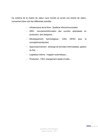 Ce schéma de la chaine de valeur nous montre ce qu’est une chaine de valeur,
concernant Zara voici les différentes activités :


                 -   Infrastructure de la firme : Système info/communication
                 -   GRH :    recrutement/formation        des    ouvriers   spécialisés   en
                     production, des designers…

                 -   Développement       technologique :         CAO,    GPAO      pour    la
                     conception/production

                 -   Approvisionnement : échange de données informatisées, gestion
                     du fret, …

                 -   Logistique interne : magasin automatique,…

                 -   Production : FAO, changement rapide d’outils,…




                                  Iut Nancy- Charlemagne
                                    Projet Tuteuré – TC2
 