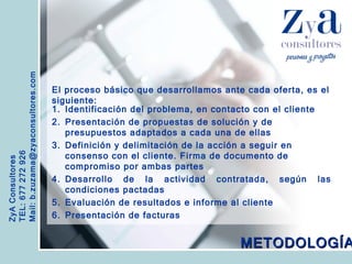 ZyA Consultores TEL: 677 272 926 Mail: b.zuzama@zyaconsultores.com  El proceso básico que desarrollamos ante cada oferta, es el siguiente: METODOLOGÍA Identificación del problema, en contacto con el cliente Presentación de propuestas de solución y de presupuestos adaptados a cada una de ellas Definición y delimitación de la acción a seguir en consenso con el cliente. Firma de documento de compromiso por ambas partes Desarrollo de la actividad contratada, según las condiciones pactadas Evaluación de resultados e informe al cliente Presentación de facturas 