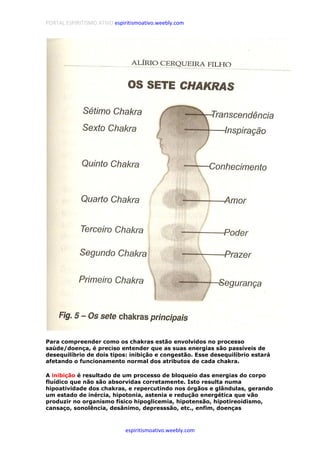 PORTAL ESPIRITISMO ATIVO espiritismoativo.weebly.com
espiritismoativo.weebly.com
Para compreender como os chakras estão envolvidos no processo
saúde/doença, é preciso entender que as suas energias são passíveis de
desequilíbrio de dois tipos: inibição e congestão. Esse desequilíbrio estará
afetando o funcionamento normal dos atributos de cada chakra.
A inibição é resultado de um processo de bloqueio das energias do corpo
fluídico que não são absorvidas corretamente. Isto resulta numa
hipoatividade dos chakras, e repercutindo nos órgãos e glândulas, gerando
um estado de inércia, hipotonia, astenia e redução energética que vão
produzir no organismo físico hipoglicemia, hipotensão, hipotireoidismo,
cansaço, sonolência, desânimo, depresssão, etc., enfim, doenças
 