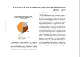Características dos Acidentes de Trânsito no Estado do Rio de
                                                                             Janeiro - 2010
                                                                                               ano de 2010, mas também apresentam análises comparativas com os
                                                                                               anos de 2008 e 2009.
                                                                                                  Ao todo foram contabilizadas 32.265 ocorrências de acidentes de
                                 Gráfico 5 - Total de Ocorrências de Acidente de Trânsito
                                no Estado do Rio de Janeiro, por Tipo de Acidente – 2010       trânsito (registros de ocorrência sob os títulos de “Homicídio Culposo
                                                   (Valores Percentuais)                       de Trânsito” e “Lesão Culposa de Trânsito”) no estado. Com base
                                                                                               nesse total foram analisados aspectos como: horário, dia da semana,
                                                                                               mês, tipo de acidente e AISP (Áreas Integradas de Segurança) do
Dossiê Trânsito 2011




                                                                           20,8                fato. Foram excluídos os casos sem informações. Assim, os dados
                                                                                               serão apresentados de acordo com o percentual de casos válidos.
                                                                                                  Do total de acidentes registrados, 30,4% estavam relacionados a
                                    42,3
                                                                                               colisões (entre veículos e com ponto ﬁxo) e 20,8% a atropelamentos,
                                                                                               que representam mais de 50,0% dos casos. No entanto, os casos
                                                                                               contidos na categoria “Outros – Lei 9.503” impossibilitam que essa
PÁGINA 14




                                                                                               aﬁrmação seja conclusiva, uma vez que esse universo de 42,3% dos
                                                                             30,4
                                                                                               casos engloba todas as demais categorias destacadas (e outras não
                                                   5,5 1,0                                     codiﬁcadas) em um só título. Como a tipiﬁcação utilizada com mais
                                                                                               frequência nas delegacias no momento do preenchimento do RO
                                               Atropelamento
                                               Colisão                                         (registro de ocorrência) é também a mais genérica, só seria possível
                                               Capotagem                                       contabilizar o número real de registros por tipo de acidente se todos
                                               Queda do/no interior do veículo
                                               Outros (Lei 9.503)                              aqueles com o título “Outros – Lei 9.503” fossem consultados e
                                           Fontes: ASPLAN, DGTIT - PCERJ                       reclassiﬁcados de acordo com a descrição do fato no RO. Nesse caso,
                                                                                               haveria um total de 13.644 RO para consulta e reclassiﬁcação. Como
                          Para descrever as principais características dos acidentes de        forma alternativa para se conhecer mais sobre o agregado contido
                       trânsito registrados pela Polícia Civil no estado do Rio de Janeiro     na categoria “Outros – Lei 9.503”, foi selecionada e analisada uma
                       foram trabalhados apenas os totais de ocorrências de homicídio          amostra desses casos, cujos resultados são apresentados a seguir.
                       culposo de trânsito e lesão culposa de trânsito, ao invés do total de
                       vítimas, já que uma mesma ocorrência pode conter mais de uma
                       vítima e, assim, duplicar a informação. Os dados são baseados no
 
