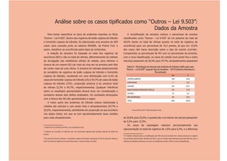 Análise sobre os casos tipiﬁcados como “Outros – Lei 9.503”:
                                                        Dados da Amostra
     Para tentar especiﬁcar os tipos de acidentes inseridos no título                                        A recodiﬁcação da amostra reduziu o percentual de eventos
“Outros – Lei 9.503”, dentro dos registros de lesão culposa de trânsito                                 classiﬁcados como “Outros – Lei 9.503” de um patamar de mais de
e homicídio culposo de trânsito, foi selecionada uma amostra de 400                                     40,0% (tanto no total de vítimas quanto no total de registros de
casos para consulta junto ao sistema ROWEB , da Polícia Civil, e
          1                                                            2
                                                                                                        ocorrência) para um percentual de 14,5 pontos, já que em 12,0%
assim, classiﬁcar as ocorrências pelos tipos já conhecidos.                                             dos casos não havia descrição sobre o tipo de evento ocorrido .                                  4



     A seleção da amostra foi baseada no total dos registros de                                         Comparando os percentuais de RO com os percentuais da amostra,
ocorrência (RO) e não no total de vítimas, diferentemente do método                                     com a nova classiﬁcação, os casos de colisão (com ponto ﬁxo e entre




                                                                                                                                                                                                              Dossiê Trânsito 2011
de divulgação das estatísticas oﬁciais do estado, para eliminar a                                       veículos) passariam de 30,4% para 47,7%; atropelamentos passariam
chance de um mesmo RO cair mais de uma vez na amostra pelo fato
                                                                                                            Tabela 5 - Distribuição da Amostra de Acidente de Trânsito tipifi cada como
de conter mais de uma vítima. A amostra foi retirada aleatoriamente                                        “Outros – Lei 9.503” segundo Tipo de Acidente – 2010 (Valores Absolutos e
do somatório de registros de lesão culposa de trânsito e homicídio                                                                         Percentuais)
culposo de trânsito, resultando em uma distribuição com 6,3% de                                                                                                                  abs         %

casos de homicídio culposo de trânsito (25) e 93,7% de casos de lesão                                        ATROPELAMENTO                                                       100        25,0




                                                                                                                                                                                                              PÁGINA 15
                                                                                                             CAPOTAGEM                                                            1          0,3
culposa de trânsito (375) , proporção próxima à do universo total
                                      3


                                                                                                             COLISÃO                                                             191        47,7
de vítimas (5,3% e 94,7%, respectivamente). Qualquer inferência
                                                                                                             QUEDA DO/NO INTERIOR DE VEÍCULO                                     50         12,5
sobre os resultados apresentados deverá levar em consideração o
                                                                                                             OUTROS                                                              10          2,5
somatório desses dois delitos analisados. Os resultados alcançados
                                                                                                             NÃO INFORMADO                                                       48         12,0
com a leitura dos RO são apresentados a seguir.
                                                                                                             TOTAL                                                               400        100,0
     A maior parte dos acidentes de trânsito estava relacionada a
colisões (de veículos e com ponto ﬁxo) e atropelamentos (47,7% e
25,0%, respectivamente), semelhante em proporção ao que acontece                                                     Fontes: ASPLAN, DGTIT - PCERJ (microdados 2010)

nos dados totais, em que se tem aproximadamente duas colisões
para cada atropelamento.                                                                                de 20,8% para 25,0%; e quedas (do e no interior de veículo) passariam
                                                                                                        de 5,5% para 12,5%.
                                                                                                             Os       casos        de       capotagem                  reduzem    percentualmente     sua
1 Intervalo de confiança de 95%, erro amostral de 5%.
                                                                                                        representação no total de registros de 1,0% para 0,3%, e a diferença
2 Sistema de consulta via internet com uso autorizado apenas para policiais através de senha de
acesso.
                                                                                                        4 O método utilizado para a recodiﬁcação dos 400 casos da amostra foi a leitura da peça do registro
3 No universo total de vítimas, o homicídio culposo de trânsito representa 5,3% do total de vítimas e   de ocorrência denominada “dinâmica do fato”, que é o campo reservado para que seja descrito, com o
6,4% do total de registros de ocorrência sobre o mesmo título, em 2010.                                 máximo de detalhes possíveis, em que circunstâncias se deu o fato e suas consequências.
 