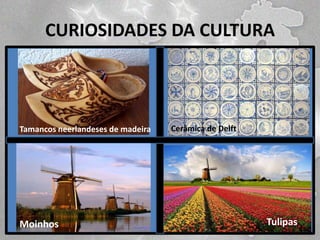 CURIOSIDADES DA CULTURA

Cerâmica de Delft

Tamancos neerlandeses de madeira
US$

Moinhos

Tulipas

 