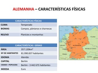 ALEMANHA – CARACTERÍSTICAS FÍSICAS
CARACTERÍSTICAS FÍSICAS
CLIMA

Temperado

BIOMAS

Campos, pântanos e charnecas

RELEVO

Planícies e montanhas

CARACTERÍSTICAS GERAIS
ÁREA

357.120km²

Nº DE HABITANTES

81.990.837 habitantes

IDIOMA

Alemão

CAPITAL

Berlim

CIDADE + POPULOSA

Berlim - 3 442 675 habitantes

MOEDA

Euro

SUBSTITUA ESTE RETÂNGULO PELO
MAPA POLÍTICO DO IBGE

 