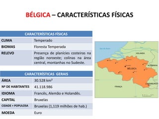 BÉLGICA – CARACTERÍSTICAS FÍSICAS
CARACTERÍSTICAS FÍSICAS
CLIMA

Temperado

BIOMAS

Floresta Temperada

RELEVO

Presença de planícies costeiras na
região noroeste; colinas na área
central, montanhas no Sudeste.
CARACTERÍSTICAS GERAIS

ÁREA

30.528 km²

Nº DE HABITANTES

41.118.986

IDIOMA

Francês, Alemão e Holandês.

CAPITAL

Bruxelas

CIDADE + POPULOSA

Bruxelas (1,119 milhões de hab.)

MOEDA

Euro

SUBSTITUA ESTE RETÂNGULO PELO
MAPA POLÍTICO DO IBGE

 