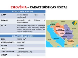 ESLOVÊNIA – CARACTERÍSTICAS FÍSICAS
CARACTERÍSTICAS FÍSICAS

CLIMA

Mediterrâneo,
continental.

alpino

e

BIOMAS

Vegetação
de
Mediterrânea.

Altitude

e

RELEVO

Montanhas na região central (presença
da Cordilheira dos Apeninos); região
costeira de planícies com presença de
falésias; planícies ao sul.

CARACTERÍSTICAS GERAIS
ÁREA

20.270 Km²

Nº DE HABITANTES

2.040.057

IDIOMA

Esloveno

CAPITAL

Liubliana

CIDADE + POPULOSA

Liubliana (272 220)

MOEDA

Euro

SUBSTITUA ESTE RETÂNGULO PELO
MAPA POLÍTICO DO IBGE

 