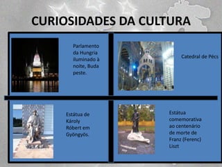 CURIOSIDADES DA CULTURA
Parlamento
da Hungria
iluminado à
noite, Buda
peste.

Estátua de
Károly
Róbert em
Gyöngyös.

Catedral de Pécs

Estátua
comemorativa
ao centenário
de morte de
Franz (Ferenc)
Liszt

 