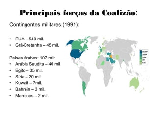 Principais forças da Coalizão:
Contingentes militares (1991):
• EUA – 540 mil.
• Grã-Bretanha – 45 mil.
Países árabes: 107 mil:
• Arábia Saudita – 40 mil
• Egito – 35 mil.
• Síria – 20 mil.
• Kuwait – 7mil.
• Bahrein – 3 mil.
• Marrocos – 2 mil.
 