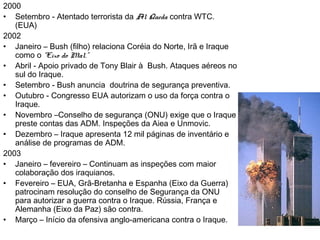 2000
• Setembro - Atentado terrorista da Al Qaeda contra WTC.
(EUA)
2002
• Janeiro – Bush (filho) relaciona Coréia do Norte, Irã e Iraque
como o “Eixo do Mal.”
• Abril - Apoio privado de Tony Blair à Bush. Ataques aéreos no
sul do Iraque.
• Setembro - Bush anuncia doutrina de segurança preventiva.
• Outubro - Congresso EUA autorizam o uso da força contra o
Iraque.
• Novembro –Conselho de segurança (ONU) exige que o Iraque
preste contas das ADM. Inspeções da Aiea e Unmovic.
• Dezembro – Iraque apresenta 12 mil páginas de inventário e
análise de programas de ADM.
2003
• Janeiro – fevereiro – Continuam as inspeções com maior
colaboração dos iraquianos.
• Fevereiro – EUA, Grã-Bretanha e Espanha (Eixo da Guerra)
patrocinam resolução do conselho de Segurança da ONU
para autorizar a guerra contra o Iraque. Rússia, França e
Alemanha (Eixo da Paz) são contra.
• Março – Início da ofensiva anglo-americana contra o Iraque.
 