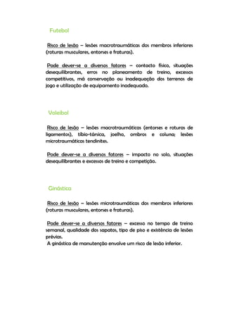 Futebol
Risco de lesão – lesões macrotraumáticas dos membros inferiores
(roturas musculares, entorses e fraturas).
Pode dever-se a diversos fatores – contacto físico, situações
desequilibrantes, erros no planeamento de treino, excessos
competitivos, má conservação ou inadequação dos terrenos de
jogo e utilização de equipamento inadequado.
Voleibol
Risco de lesão – lesões macrotraumáticas (entorses e roturas de
ligamentos), tíbio-társica, joelho, ombros e coluna; lesões
microtraumáticas tendinites.
Pode dever-se a diversos fatores – impacto no solo, situações
desequilibrantes e excessos de treino e competição.
Ginástica
Risco de lesão – lesões microtraumáticas dos membros inferiores
(roturas musculares, entorses e fraturas).
Pode dever-se a diversos fatores – excesso no tempo de treino
semanal, qualidade dos sapatos, tipo de piso e existência de lesões
prévias.
A ginástica de manutenção envolve um risco de lesão inferior.
 