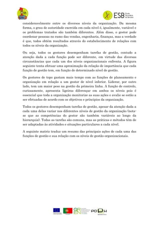 consideravelmente entre os diversos níveis da organização. Da mesma
forma, o grau de autoridade exercida em cada nível é, igualmente, variável e
os problemas tratados são também diferentes. Além disso, o gestor pode
coordenar pessoas no ramo das vendas, engenharia, finanças, mas a verdade
é que, todos obtém resultados através do estabelecimento de relações com
todos os níveis da organização.
Ou seja, todos os gestores desempenham tarefas de gestão, contudo a
atenção dada a cada função pode ser diferente, em virtude das diversas
circunstâncias que cada um dos níveis organizacionais enfrenta. A figura
seguinte tenta efetuar uma aproximação da relação de importância que cada
função de gestão tem, em função de determinado nível de gestão.
Os gestores de topo gastam mais tempo com as funções de planeamento e
organização em relação a um gestor de nível inferior. Liderar, por outro
lado, tem um maior peso na gestão da primeira linha. A função de controlo,
curiosamente, apresenta ligeiras diferençar em ambos os níveis pois é
essencial que toda a organização monitorize as suas ações e avalie se estão a
ser efetuadas de acordo com os objetivos e príncipios da organização.
Todos os gestores desempenham tarefas de gestão, apesar da atenção dada a
cada uma delas variar nos diferentes níveis de gestão da organização (nota-
se que as competências do gestor são também variáveis ao longo da
hierarquia). Todas as tarefas são comuns, mas as práticas e métodos têm de
ser adaptadas às atividades e situações particulares a cada nível.
A seguinte matriz traduz um resumo das principais ações de cada uma das
funções de gestão e sua relação com os níveis de gestão organizacionais.
 