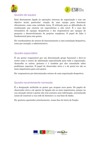 Quadro de equipa
Está diretamente ligado às operações internas da organização e tem um
objetivo muito particular: criação de uma equipa para funcionar
eficazmente, como uma entidade única. É utilizado para as dificuldades de
coordenação que existem em especialistas a alto nível. É o caso dos
treinadores de equipas desportivas e dos responsáveis por equipas de
pesquisa e desenvolvimento de projetos complexos. O papel de lider é
fundamental para este gestor.
Ex: coordenadores de setores de funcionamento a uma instalação desportiva,
como por exemplo, o administrativo.
Quadro especialista
É um gestor responsável por um determinado grupo funcional e deve-se
sentir como o centro de informação especializada para toda a organização.
Aconcelha os outros, gestores e é também por eles consultado sobre
problemas especiais. O papel de observador ativo e o de porta-voz são os
mais importantes para este gestor.
Ex: responsáveis por determinados setores de uma organização desportiva.
Quadro recentemente nomeado
É a designação atribuida ao gestor que ocupam novo posto. Os papéis de
observador ativo e de agente de ligação são os mais importantes, porque na
sua situação inicial o gestor não tem contatos nem informação, necessitando
assim de construir a sua rede de dontatos e a sua base de dados.
Ex: gestores apontados anteriormente, numa fase de ínicio de função.
 