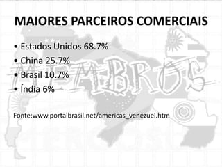 MAIORES PARCEIROS COMERCIAIS
• Estados Unidos 68.7%
• China 25.7%
• Brasil 10.7%
• Índia 6%
Fonte:www.portalbrasil.net/americas_venezuel.htm

 
