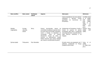 47



Nome científico   Nome comum      Distribuição     Impactos                                   Observações                               Referências
                                  natural
                                                                                              maiores abundâncias nas áreas urbanas,    al. (2002), Farias
                                                                                              suburbanas e agrícolas. Grande            et al. (2008),
                                                                                              quantidade   de     ocorrências    em     GISP      (2005),
                                                                                              Pernambuco.                               GISD      (2008),
                                                                                                                                        Roda et al.
                                                                                                                                        (2005),        S.A.
                                                                                                                                        Roda         (com
                                                                                                                                        pess.)
Pheidole          Formiga-        África           Desloca invertebrados nativos da           Estabelecida em Pernambuco. Facilita a    Instituto Hórus
megacephala       cabeçuda-                        comunidade invadida por agressão direta.   invasão de espécies de plantas            (2008),       GISP
                  urbana                           Em locais onde esta formiga é abundante,   introduzidas. Além disso, é considerada   (2005)
                                                   ocorre a redução na população de           uma praga doméstica, causando danos a
                                                   vertebrados.     Afeta     as    plantas   cabos elétricos, telefônicos e de
                                                   diretamente através da coleta de           irrigação.
                                                   semente, ou indiretamente, criando
                                                   habitat favorável para insetos fitófagos
                                                   que reduzem a produtividade da planta.
Pyrrhura lepida   Tiriba-pérola   Pará, Maranhão                                              Há pelos menos uma população com 9        Farias et al.
                                                                                              indivíduos estabelecida no Parque         (2008),
                                                                                              Estadual de Dois Irmãos.                  S.A. Roda (com
                                                                                                                                        pess.)
 