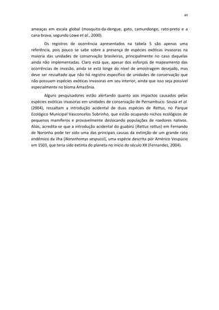49


ameaças em escala global (mosquito-da-dengue, gato, camundongo, rato-preto e a
cana-brava, segundo Lowe et al., 2000).
       Os registros de ocorrência apresentados na tabela 5 são apenas uma
referência, pois pouco se sabe sobre a presença de espécies exóticas invasoras na
maioria das unidades de conservação brasileiras, principalmente no caso daquelas
ainda não implementadas. Claro está que, apesar dos esforços de mapeamento das
ocorrências de invasão, ainda se está longe do nível de amostragem desejado, mas
deve ser ressaltado que não há registro específico de unidades de conservação que
não possuam espécies exóticas invasoras em seu interior, ainda que isso seja possível
especialmente no bioma Amazônia.
        Alguns pesquisadores estão alertando quanto aos impactos causados pelas
espécies exóticas invasoras em unidades de conservação de Pernambuco. Sousa et al.
(2004), ressaltam a introdução acidental de duas espécies de Rattus, no Parque
Ecológico Municipal Vasconcelos Sobrinho, que estão ocupando nichos ecológicos de
pequenos mamíferos e provavelmente deslocando populações de roedores nativos.
Aliás, acredita-se que a introdução acidental do guabirú (Rattus rattus) em Fernando
de Noronha pode ter sido uma das principais causas da extinção de um grande rato
endêmico da ilha (Noronhomys vespucci), uma espécie descrita por Américo Vespúcio
em 1503, que teria sido extinta do planeta no início do século XX (Fernandez, 2004).
 