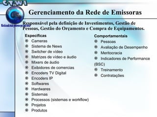 Responsável pela definição de Investimentos, Gestão de Pessoas, Gestão do Orçamento e Compra de Equipamentos. Específicas Cameras Sistema de News Switcher de vídeo Matrizes de vídeo e áudio Mixers de áudio Exibidores de comercias Encoders TV Digital Encoders IP Softwares Hardwares Sistemas Processos (sistemas e workflow) Projetos Produtos Comportamentais Pessoas Avaliação de Desempenho Meritocracia Indicadores de Performance (BSC) Treinamento Contratações Gerenciamento da Rede de Emissoras 