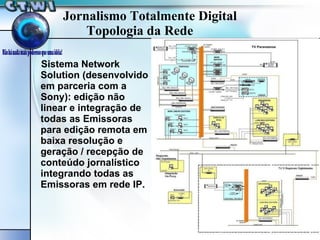 Sistema Network Solution (desenvolvido em parceria com a Sony): edição não linear e integração de todas as Emissoras para edição remota em baixa resolução e geração / recepção de conteúdo jornalístico integrando todas as Emissoras em rede IP. Jornalismo Totalmente Digital    Topologia da Rede 