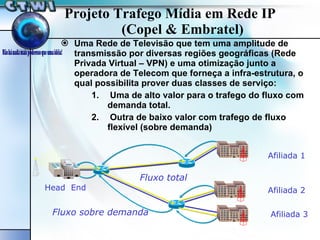 Uma Rede de Televisão que tem uma amplitude de transmissão por diversas regiões geográficas (Rede Privada Virtual – VPN) e uma otimização junto a operadora de Telecom que forneça a infra-estrutura, o qual possibilita prover duas classes de serviço: Uma de alto valor para o trafego do fluxo com demanda total. Outra de baixo valor com trafego de fluxo flexível (sobre demanda) Projeto Trafego Mídia em Rede IP  (Copel & Embratel) Fluxo total Fluxo sobre demanda Afiliada 1 Afiliada 2 Afiliada 3 Head  End 