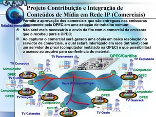 Projeto Contribuição e Integração de Conteúdos de Mídia em Rede IP (Comerciais) Permite a aprovação dos comerciais que são entregues nas emissoras diretamente pela OPEC em uma estação de trabalho comum; Não será mais necessário o envio da fita com o comercial da emissora que o recebeu para a OPEC; Ao capturar o comercial será gerado uma cópia em baixa resolução no servidor de comerciais, o qual estará interligado em rede (intranet) com um servidor de proxi (computador instalado na OPEC) e que possibilitará o acesso ao arquivo para conferência do material. Rede IP Intranet/Copel IP IP IP IP IP IP TV Paranaense TV Imagem TV Esplanada TV Cataratas TV Coroados TV Cultura TV Oeste TV Guairacá OPEC/Curitiba Computador OPEC Computador OPEC Computador OPEC Computador OPEC Computador OPEC Computador OPEC 