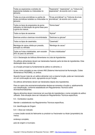 Copyright © Serviço Brasileiro de Respostas Técnicas - SBRT - http://www.respostatecnica.org.br
48
Todas as especiarias e extratos de
especiarias isoladas ou misturadas no
alimento
"Especiaria", "especiarias", ou "mistura de
especiarias", de acordo com o caso.
Todas as ervas aromáticas ou partes de
ervas aromáticas isoladas ou misturadas no
alimento
"Ervas aromáticas" ou "misturas de ervas
aromáticas", de acordo com o caso.
Todos os tipos de preparados de goma
utilizados na fabricação da goma base para
a goma de mascar.
"Goma base"
Todos os tipos de sacarose "Açúcar"
Dextrose anidra e dextrose monohidratada "Dextrose ou glicose"
Todos os tipos de caseinatos "Caseinato"
Manteiga de cacau obtida por pressão,
extração ou refinada
"Manteiga de cacau"
Todas as frutas cristalizadas, sem exceder
30% do peso do alimento
"Frutas cristalizadas"
6.2.4. Declaração de Aditivos Alimentares na Lista de Ingredientes
Os aditivos alimentares devem ser declarados fazendo parte da lista de ingredientes. Esta
declaração deve constar de:
a) a função principal ou fundamental do aditivo no alimento; e
b) seu nome completo ou seu número INS (Sistema Internacional de Numeração, Codex
Alimentarius FAO/OMS), ou ambos.
Quando houver mais de um aditivo alimentar com a mesma função, pode ser mencionado
um em continuação ao outro, agrupando-os por função.
Os aditivos alimentares devem ser declarados depois dos ingredientes.
Para os casos dos aromas/aromatizantes declara-se somente a função e, optativamente
sua classificação, conforme estabelecido em Regulamentos Técnicos sobre
Aromas/Aromatizantes.
Alguns alimentos devem mencionar em sua lista de ingredientes o nome completo do aditivo
utilizado. Esta situação deve ser indicada em Regulamentos Técnicos específicos.
6.3 . Conteúdos Líquidos
Atender o estabelecido nos Regulamentos Técnicos específicos.
6.4. Identificação de Origem
6.4.1. Deve ser indicado:
o nome (razão social) do fabricante ou produtor ou fracionador ou titular (proprietário) da
marca;
endereço completo;
país de origem e município;
 