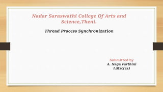 Nadar Saraswathi College Of Arts and
Science,Theni.
Thread Process Synchronization
Submitted by
A. Naga varthini
I.Msc(cs)
 