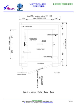 MONTE CHARGE DOSSIER TECHNIQUE
INDUSTRIEL
Département Didactique :
MEDIA - - Bâtiment les Arcades - Route de St Paul - 26700 PIERRELATTE -
: 04.75.04.01.39 . : 04.75.98.94.51 Email : media.media@wanadoo.fr
34 / 101
112112
Prof.M.C.=814
150Larg. CABINE: 550150
Larg.M.C.= Largeur cabine+300= 850
387427
Serrure S5
mouflage
Poulie de
Plaque de câble
fin de course
Came de serrure
Came de contact
arrêt d'étage et
Serrure Schmersal
+ Boite à Boutons
Prof.CABINE=550
275275
Porte guillotine
Porte battante
SERVICES
ACCESMACHINERIE
Descente du pendentif
Colonne gaine
Came de serrure
Vue de la cabine – Poulie – Guide – Came
 