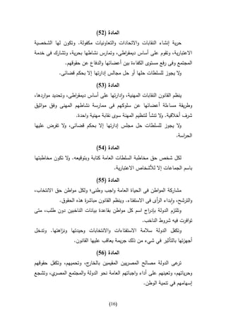 ‫المادة (25)‬
‫حرية إنشاء النقابات واالتحادات والتعاونيات مكفولة. وتكون لها الشخصية‬
‫االعتبارية، وتقوم على أساس ديمق اطى، وتمارس نشاطها بحرية، وتشارك فى خدمة‬
                                       ‫ر‬
               ‫المجتمع وفى رفع مستوى الكفاءة بين أعضائها والدفاع عن حقوقهم.‬
            ‫ال يجوز للسلطات حلها أو حل مجالس إدارتها إال بحكم قضائى.‬
                                                                   ‫و‬

                               ‫المادة (45)‬
‫ينظم القانون النقابات المهنية، وادارتها على أساس ديمق اطى، وتحديد مواردها،‬
                   ‫ر‬
‫وطريقة مساءلة أعضائها عن سلوكهم فى ممارسة نشاطهم المهنى وفق مواثيق‬
                    ‫شرف أخالقية. ال تنشأ لتنظيم المهنة سوى نقابة مهنية واحدة.‬
                                                               ‫و‬
‫ال يجوز للسلطات حل مجلس إدارتها إال بحكم قضائى، ال تفرض عليها‬
            ‫و‬                                               ‫و‬
                                                                       ‫الح اسة.‬
                                                                          ‫ر‬

                               ‫المادة (15)‬
‫لكل شخص حق مخاطبة السلطات العامة كتابة وبتوقيعه. ال تكون مخاطبتها‬
               ‫و‬
                                        ‫باسم الجماعات إال لألشخاص االعتبارية.‬

                               ‫المادة (55)‬
‫مشاركة المواطن فى الحياة العامة واجب وطنى؛ ولكل مواطن حق االنتخاب،‬
            ‫والترشح، وابداء ال أى فى االستفتاء. وينظم القانون مباش ة هذه الحقوق.‬
                        ‫ر‬                                   ‫ر‬
‫وتلتزم الدولة بإد اج اسم كل مواطن بقاعدة بيانات الناخبين دون طلب، متى‬
                                                  ‫ر‬
                                                      ‫توافرت فيه شروط الناخب.‬
‫وتكفل الدولة سالمة االستفتاءات واالنتخابات وحيدتها ون اهتها. وتدخل‬
           ‫ز‬
                   ‫أجهزتها بالتأثير في شيء من ذلك جريمة يعاقب عليها القانون.‬

                               ‫المادة (15)‬
‫ج، وتحميهم، وتكفل حقوقهم‬‫عى الدولة مصالح المصريين المقيمين بالخار‬‫تر‬
‫ي، وتشجع‬‫وحرياتهم، وتعينهم على أداء واجباتهم العامة نحو الدولة والمجتمع المصر‬
                                                       ‫إسهامهم في تنمية الوطن.‬


                                     ‫(60)‬
 