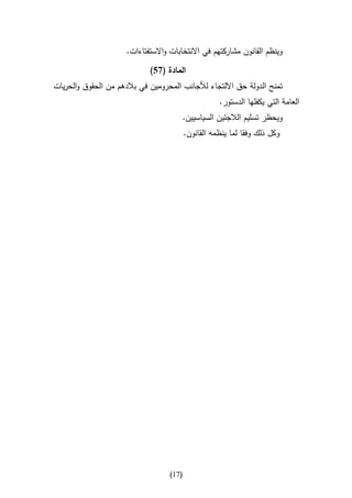 ‫وينظم القانون مشاركتهم في االنتخابات واالستفتاءات.‬

                             ‫المادة (75)‬
‫تمنح الدولة حق االلتجاء لألجانب المحرومين في بالدهم من الحقوق والحريات‬
                                                     ‫العامة التي يكفلها الدستور.‬
                                       ‫ويحظر تسليم الالجئين السياسيين.‬
                                          ‫وكل ذلك وفقا لما ينظمه القانون.‬




                                   ‫(70)‬
 