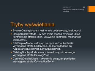Web Parts ZonesKontrolki Web Parts s? umieszczane na stronie w specjalnie przygotowanych dla nich strefach. Strefy te to obiekty klasy WebPartZone.Strefy maj? okre?lony rozmiar i lokalizacj? na stronie.Strefy maj? ustalaj? te? pewne style, ktre obowi?zuj? wszystkie kontrolki umieszczane w danej strefie. Nazywane jest to Web Part&apos;s chrome (okre?la on nag?wek, menu, ramki, itd...)Przyk?ad:??? &lt;asp:webPartManager ID=&quot;webPartManager1&quot; runat=&quot;server&quot;&gt; ??? &lt;/asp:webPartManager&gt;????? &lt;asp:WebPartZone ID=&quot;WebPartZoneTop&quot; runat=&quot;server&quot; ??????? HeaderText=&quot;Top Zone&quot; style=&quot;width: 700px; height: auto&quot;&gt;??????? &lt;ZoneTemplate&gt;????????? &lt;!-- jakies kontrolki --&gt;??????? &lt;/ZoneTemplate&gt;????? &lt;/asp:WebPartZone&gt;2010-01-17Study Group  70-562, Autor: Maciej Zbrzezny30