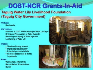 Taguig Water Lily Livelihood Foundation
(Taguig City Government)
Products:
     Handicrafts
Interventions:
      Provision of DOST FPRDI Developed Water Lily Dryer
      Drying and Preservation of Water Hyacinth
      Bleaching and Dyeing of Water Hyacinth
      Leatherzing of Water Lily

Impacts:
      Shortened drying process
      Improved product quality
      Extended product shelf-life
      Reduced appearance of molds
       in products
Market:
     Wet markets, other LGUs
     Market Market, & Institutional
     Buyers
 