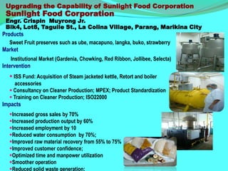 Upgrading the Capability of Sunlight Food Corporation
 Sunlight Food Corporation
 Engr. Crispin Muyrong Jr.
 Blk4, Lot8, Taguile St., La Colina Village, Parang, Marikina City
Products
   Sweet Fruit preserves such as ube, macapuno, langka, buko, strawberry
Market
   Institutional Market (Gardenia, Chowking, Red Ribbon, Jollibee, Selecta)
Intervention
    ISS Fund: Acquisition of Steam jacketed kettle, Retort and boiler
     accessories
    Consultancy on Cleaner Production; MPEX; Product Standardization
    Training on Cleaner Production; ISO22000
Impacts
   Increased gross sales by 70%
   Increased production output by 60%
   Increased employment by 10
   Reduced water consumption by 70%;
   Improved raw material recovery from 55% to 75%
   Improved customer confidence;
   Optimized time and manpower utilization
   Smoother operation
   Reduced solid waste generation;
 