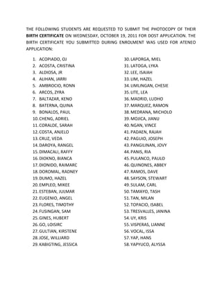 THE FOLLOWING STUDENTS ARE REQUESTED TO SUBMIT THE PHOTOCOPY OF THEIR BIRTH CERTIFICATE ON WEDNESDAY, OCTOBER 19, 2011 FOR DOST APPLICATION. THE BIRTH CERTIFICATE YOU SUBMITTED DURING ENROLMENT WAS USED FOR ATENEO APPLICATION:<br />,[object Object]