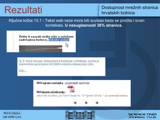 Rezultati Dostupnost mre?nih stranica hrvatskih bolnica Klju?na to?ka 13.1 - Tekst web veze mora biti suvisao kada se pro?ita i izvan    konteksta.  U  nesuglasnosti  36 % stranica .   