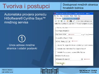 Tvoriva i postupci Dostupnost mre?nih stranica hrvatskih bolnica Automatska provjera pomo?u  HiSoftware? Cynthia Says? mre?nog servisa Unos adrese mre?ne stranice  i odabir postavki 