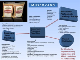 Sugarcane 
Farm/ 
Plantation Product 
Distribution 
*Interventions: 
-Halal Assesment/ Ocular 
inspection 
-Employment of Muslim 
caretaker 
-Verification of planting materials 
-Laboratory testing and analyses of 
fertilizer 
-Consultancy for agricultural 
productivity and enhancement 
•Interventions: 
- Consultancy for Halal manufacturing productivity 
export 
- Product standards and testing 
-Halal Food Safety 
-current GMP 
- HACCP + haram 
- Cleaner production technology 
- Energy Audit 
-Zero-waste Management (waste material utilization e.g. 
bagasse as fuel and molasses as organic fertilizer 
* Interventions: 
-Product Standards and Testing 
- Halal Food Safety 
-current GMP 
- HACCP + haram 
- Cleaner production technology 
MM UU SS CC OO VV AA DD OO 
Muscovado 
Packaging & 
Labeling / Storage 
Muscovado 
Processing 
Plant/ Firm 
•Inputs / Environment: 
-Area free from haram (e.g. animals, etc.) 
-Planting materials from Halal source 
- Halal organic fertilizer 
•Inputs / Environment: 
-Halal Sugarcane 
- Manufacturing facility 
away from haram, e.g. 
Piggeries, toilets, etc. 
•Inputs / 
Environment: 
-Halal label 
and packaging 
materials 
-Exclusive 
storage 
Certification is 
required in every 
stage/ phase and 
R&D is carried-out 
for sustainability. 
 