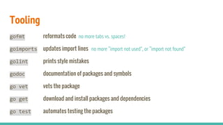 Tooling
gofmt reformats code
goimports updates import lines
golint prints style mistakes
godoc documentation of packages a...