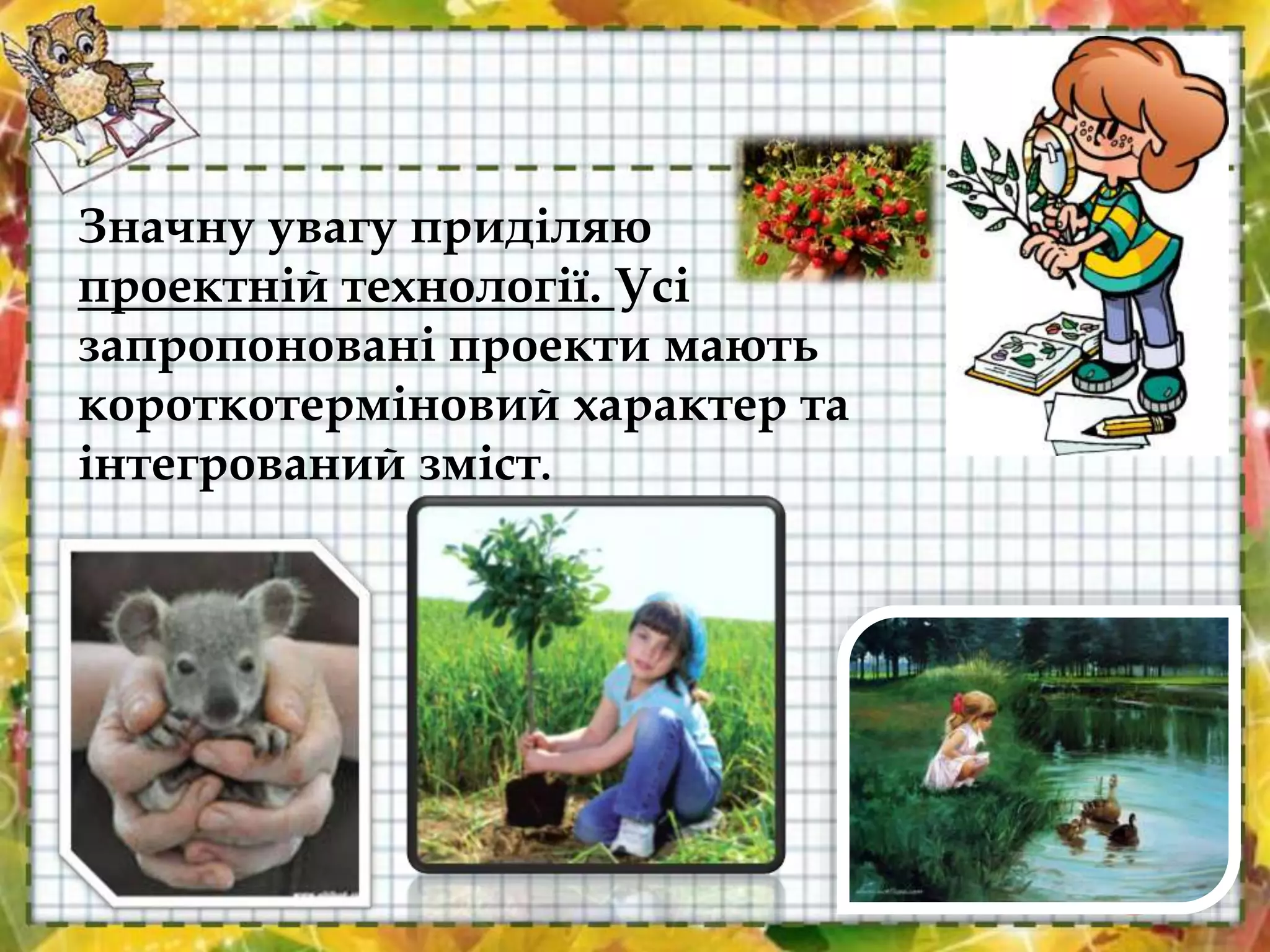 Значну увагу приділяю
проектній технології. Усі
запропоновані проекти мають
короткотерміновий характер та
інтегрований зміст.
 