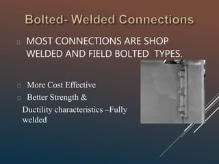 MOST CONNECTIONS ARE SHOP
WELDED AND FIELD BOLTED TYPES.
More Cost Effective
Better Strength &
Ductility characteristics –Fully
welded
 