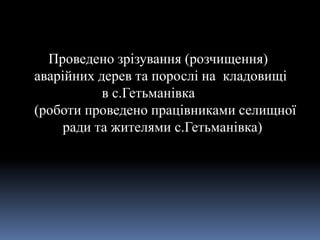 Проведено зрізування (розчищення)
аварійних дерев та порослі на кладовищі
в с.Гетьманівка
(роботи проведено працівниками селищної
ради та жителями с.Гетьманівка)
 